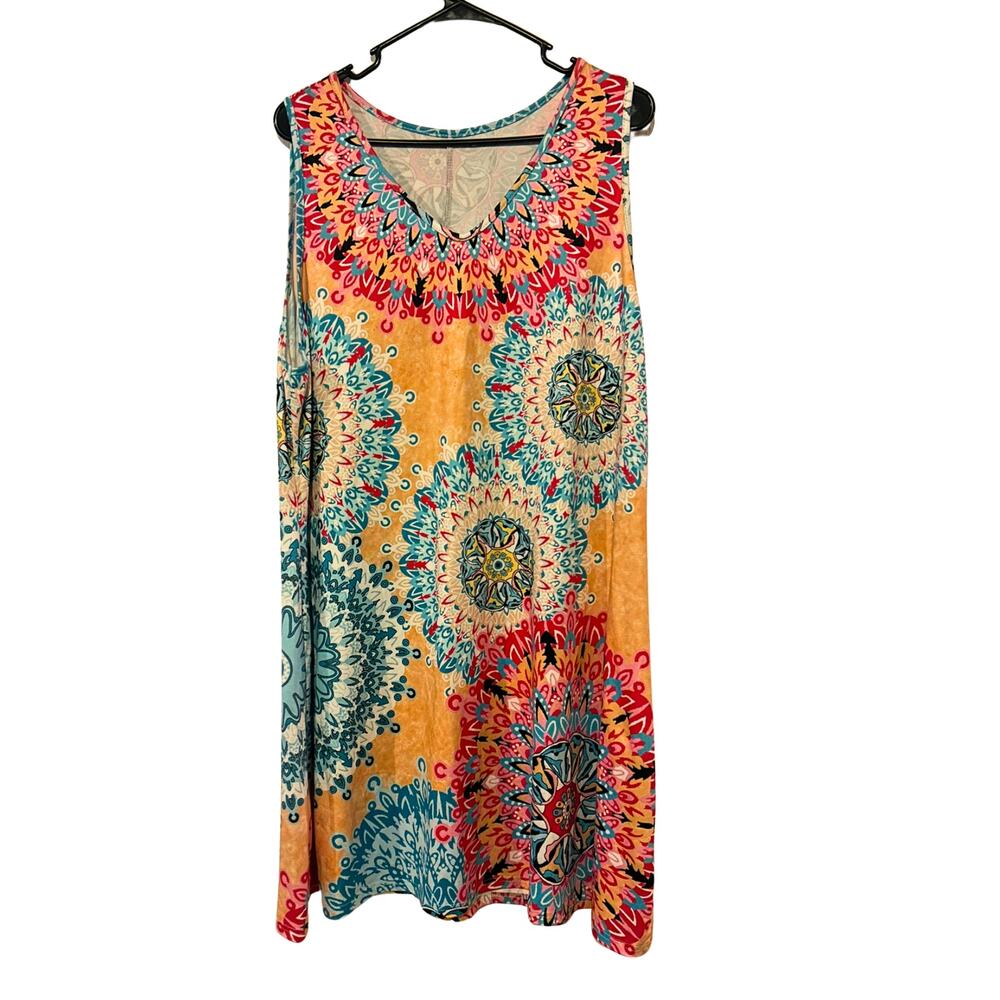 4X Multicolor Boho Mandala Print V-Neck Tank Dress Beach Festival Travel